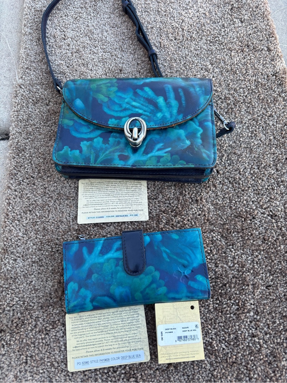 Patricia Nash “Deep Blue Sea Leather Crossbody with Matching Wallet